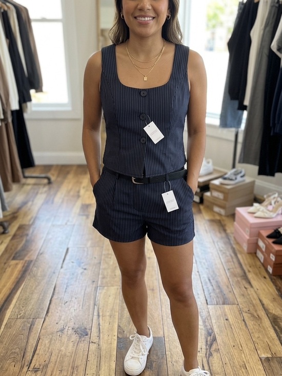 PrettyLittleThing Tops - PrettyLittleThing Petite Navy Pinstripe Tailored Top & Mini Shorts Set NWT US 10